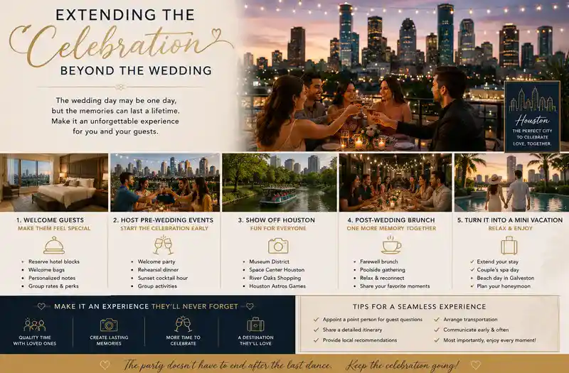 Luxury post-wedding celebration experiences in Houston featuring rooftop dinners, honeymoon transportation, private gatherings, elegant hotel stays, and romantic couple activities after the wedding celebration